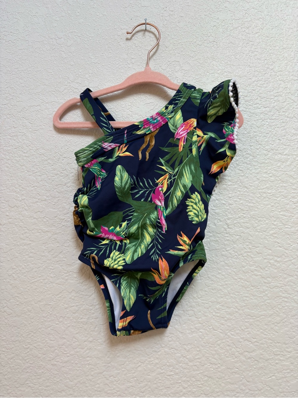 Janie and Jack Navy Tropical Asymmetrical One-Shoulder Ruffle Baby Girl Swimsuit